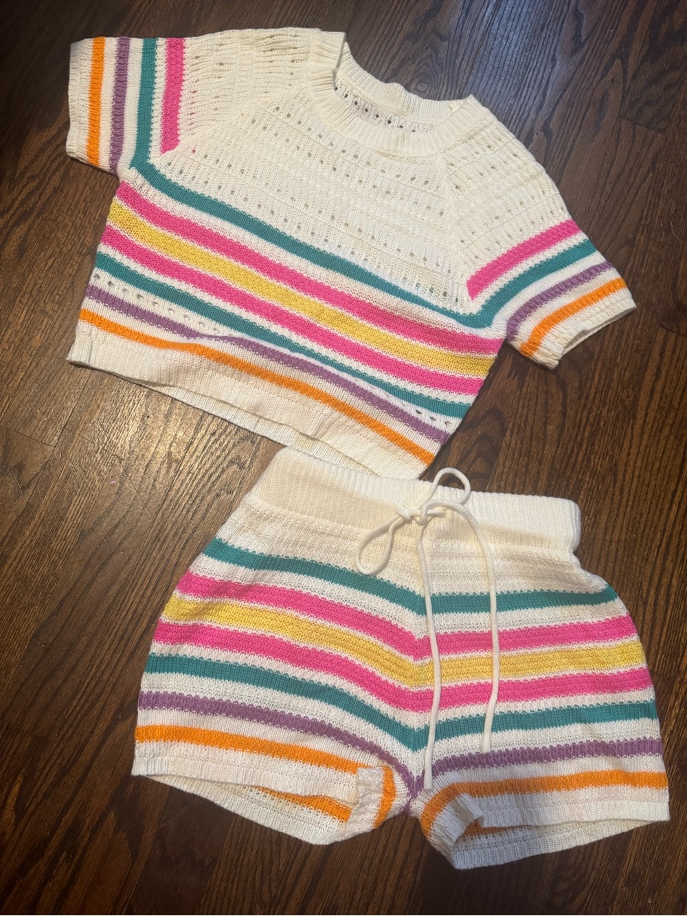 Cream Knit Stripe Shorts - Multicolor Rainbow Stripes